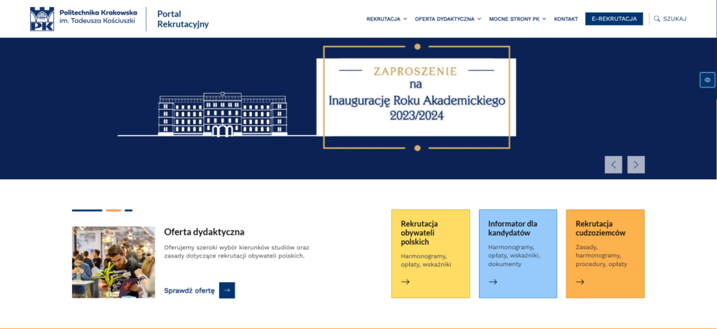 Widok strony Internetowej portalu rekrutacyjnego Politechniki Krakowskiej
